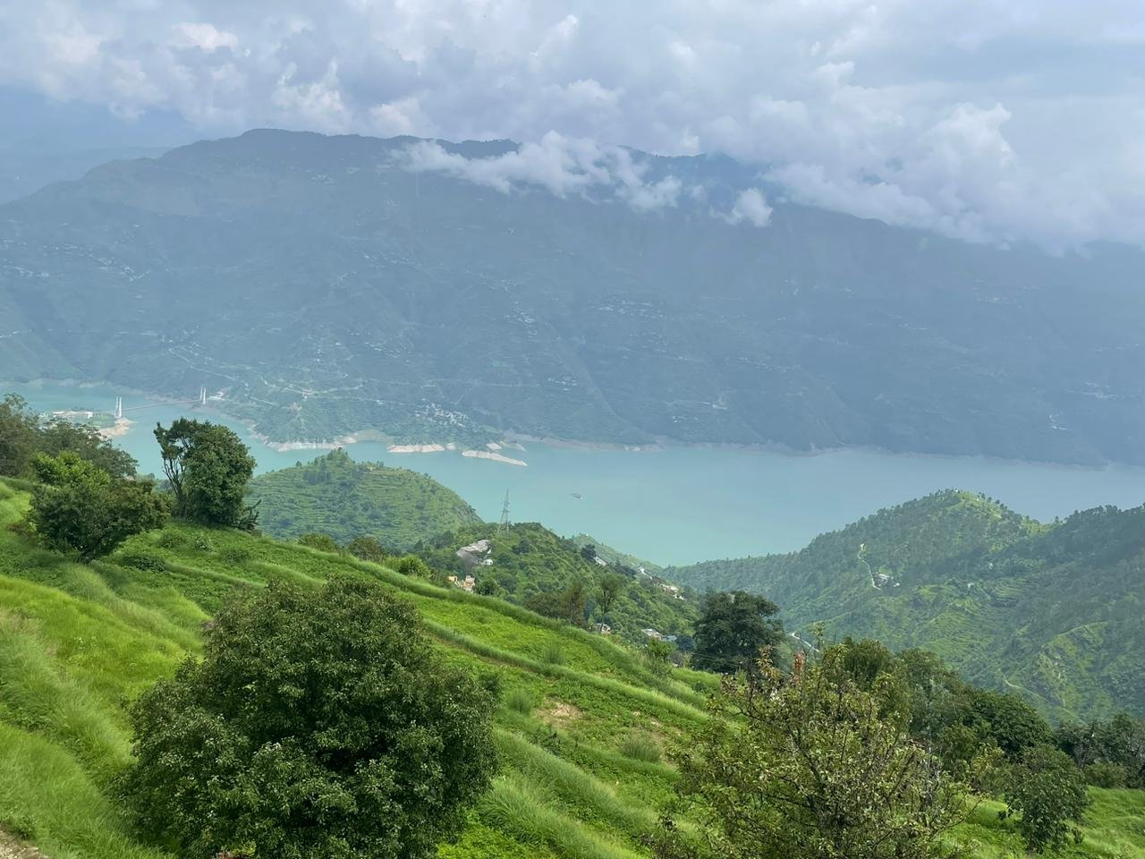 front view of Tehri Lake, Dobra Chanti Bridge, and the Himalayas